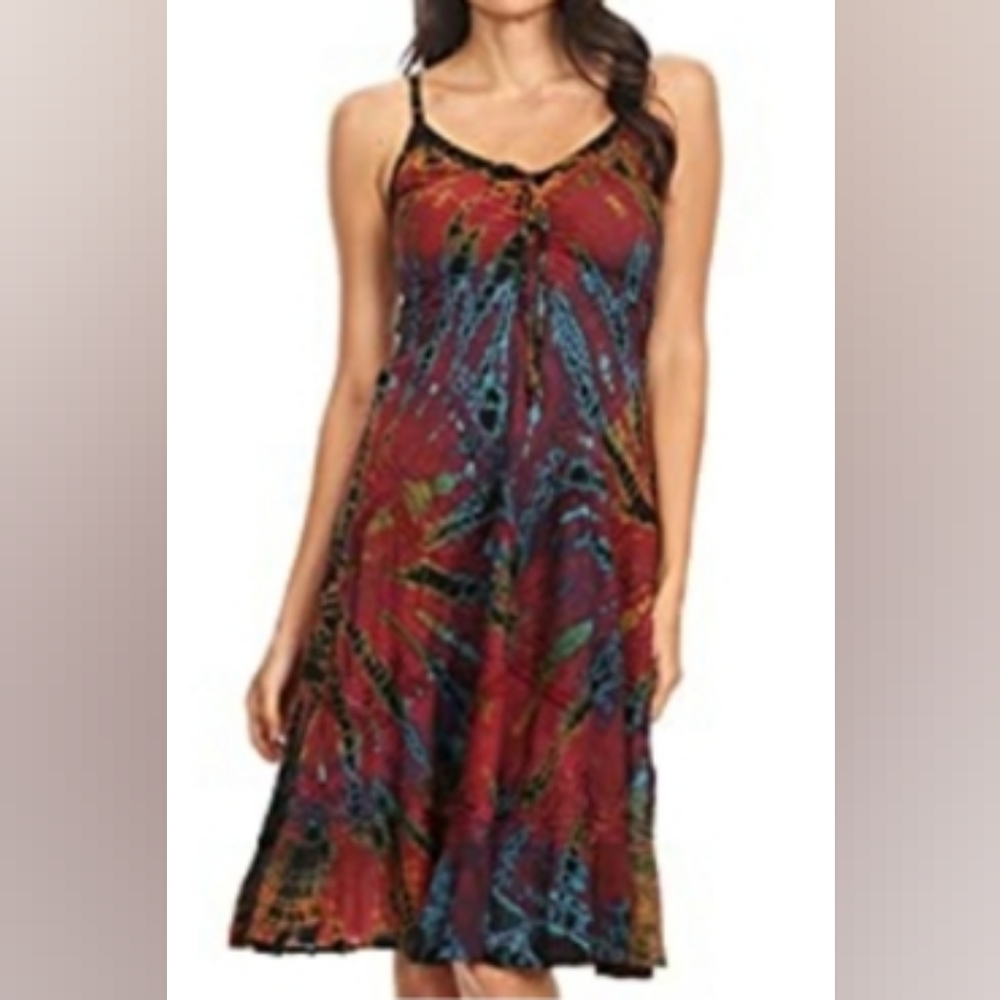 Women's Boho spaghetti strap A-line batik dyed dress. One size fits 0 - 12.
